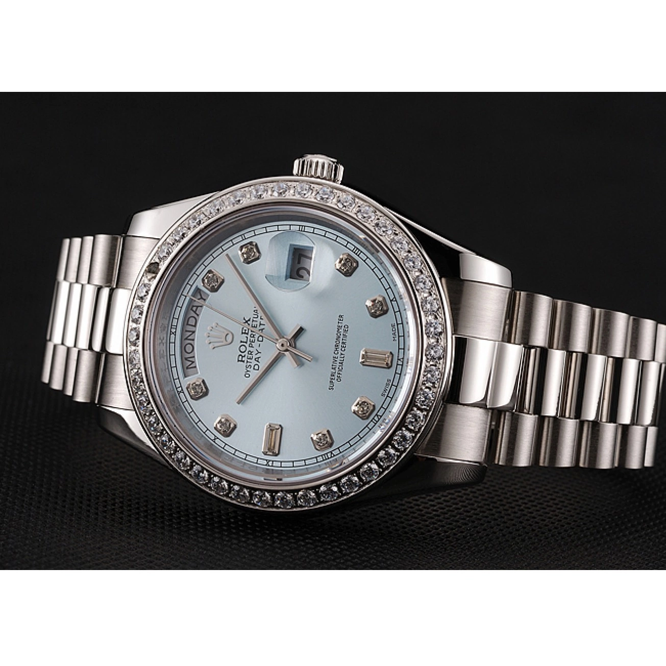 Rolex aaa copy Numerals Day-Date Diamond Diamond Blue Case Dial Stainless Bracelet Rolex Swiss Ice 1453963 Steel 0727